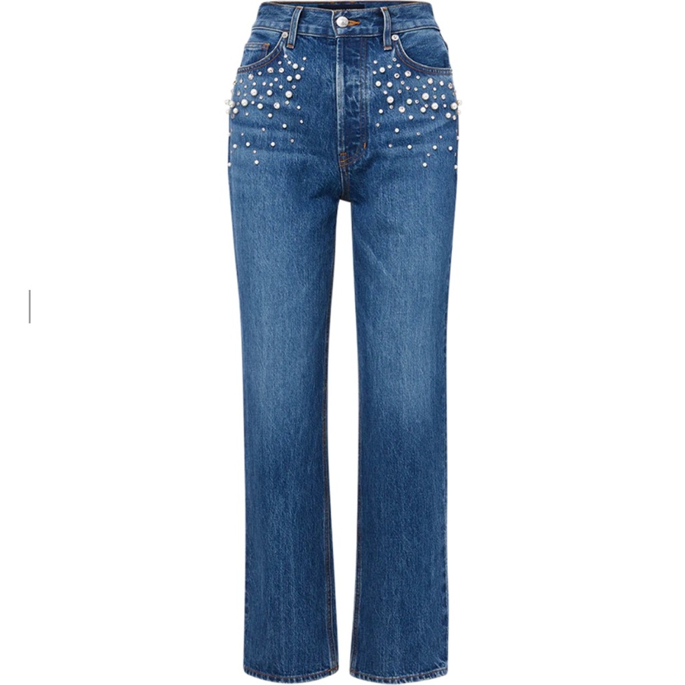 Veronica Beard Blue Straight Leg Jeans with Embellishments